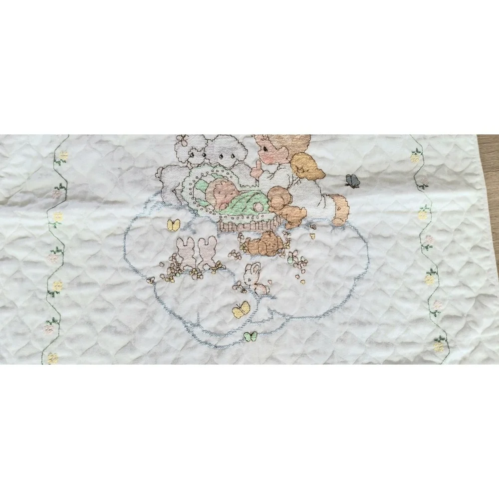 Vintage 1997 Handmade Baby Quilt 33x40 Cross Stitch Now I Lay Me Down Prayer EUC